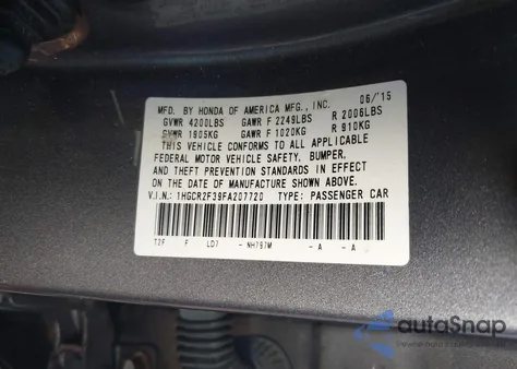 2015 Honda Accord Lx из США, поврежденный, VIN 1HGCR2F39FA207720